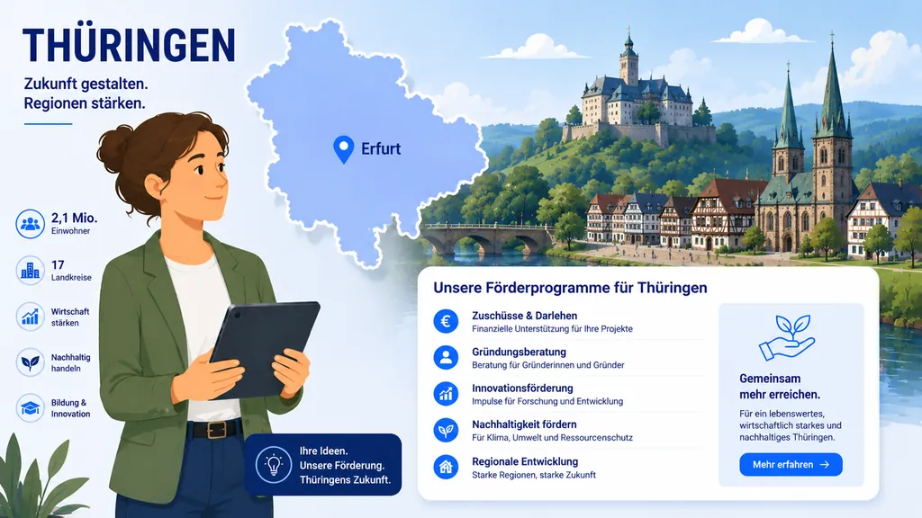 Illustration: Gründung in Thüringen – Landkarte, regionale Anlaufstellen und Förderprogramme