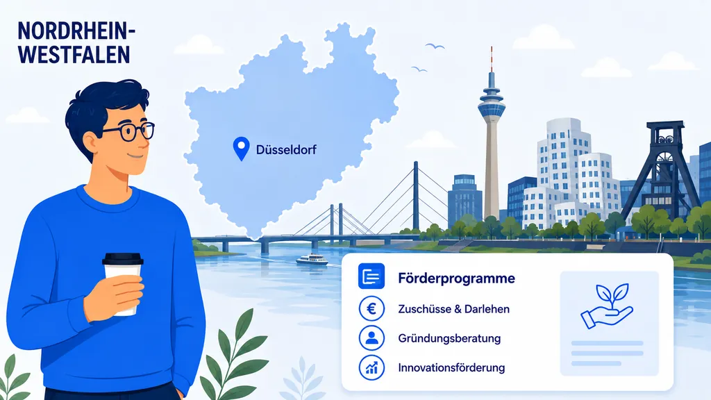 Illustration: Gründung in Nordrhein-Westfalen – Landkarte, regionale Anlaufstellen und Förderprogramme