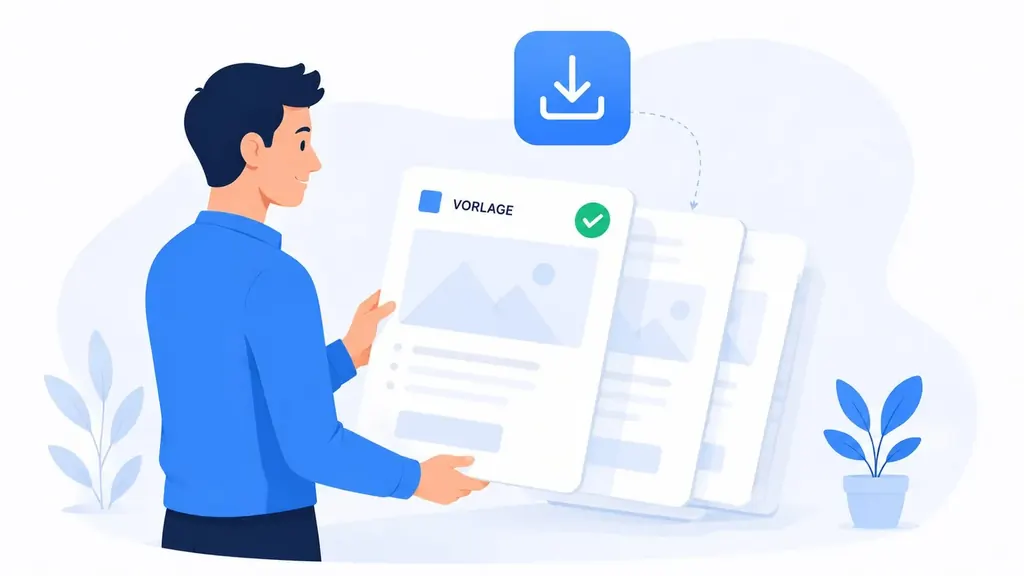 Illustration: Gründer hält eine Businessplan-Vorlage, Download-Symbol daneben