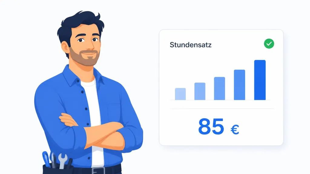 Illustration: Handwerker berechnet am Laptop seinen Stundenverrechnungssatz mit Kosten, Zeit und Marge