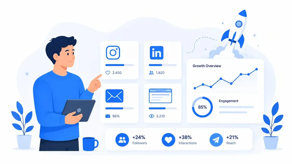 Illustration: B2B-Netzwerk mit Profil, Beitrag und Anfrage
