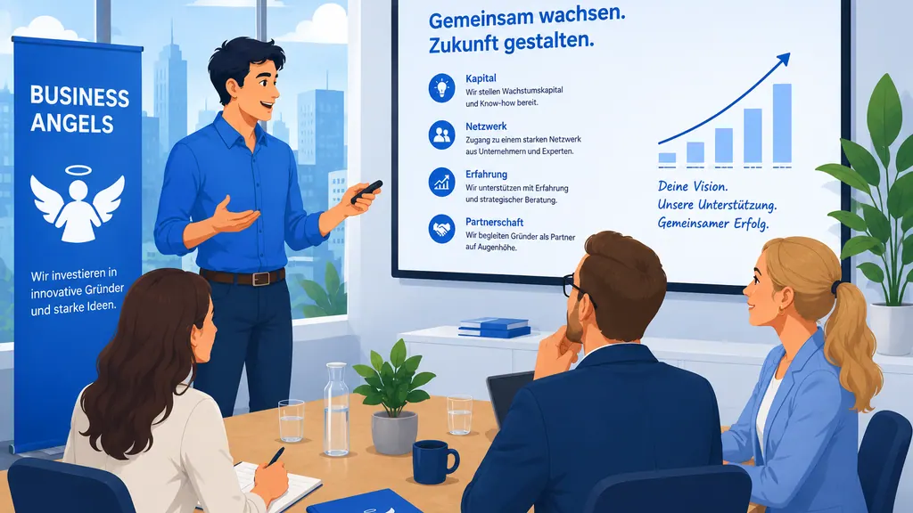 Illustration: Business Angel reicht Gründerin Kapital, Wachstumskurve und Beteiligungsanteile im Hintergrund