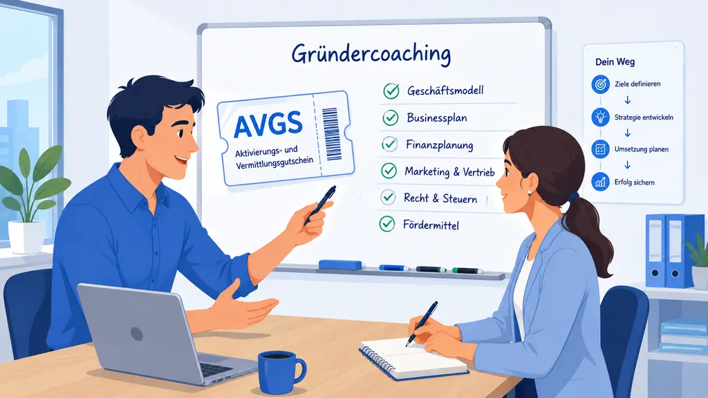 Illustration: Gründercoaching-Gespräch mit AVGS-Gutschein und Beratungsunterlagen