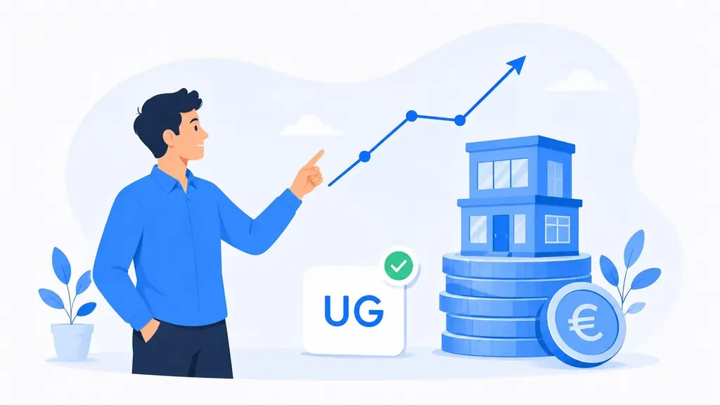 Illustration: UG wächst aus einem Münzstapel, Gründer zeigt auf steigende Kurve