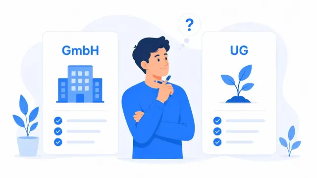 Illustration: Vergleich von Einzelunternehmen, GbR, UG und GmbH nach Haftung und Kosten