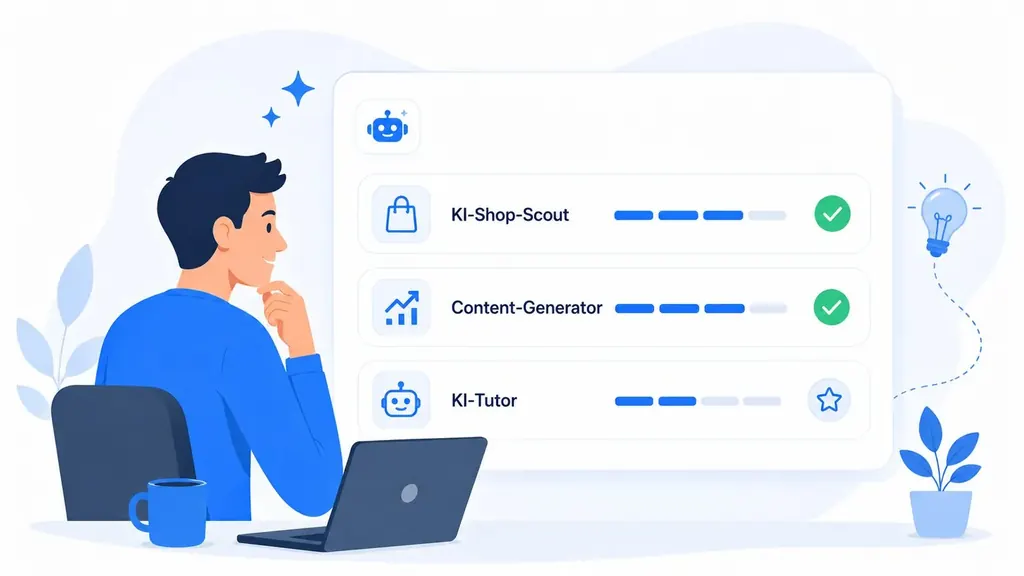 Illustration: Gründer vor einem Tools-Dashboard mit Rechner, Diagramm, Dokument und Zielscheibe