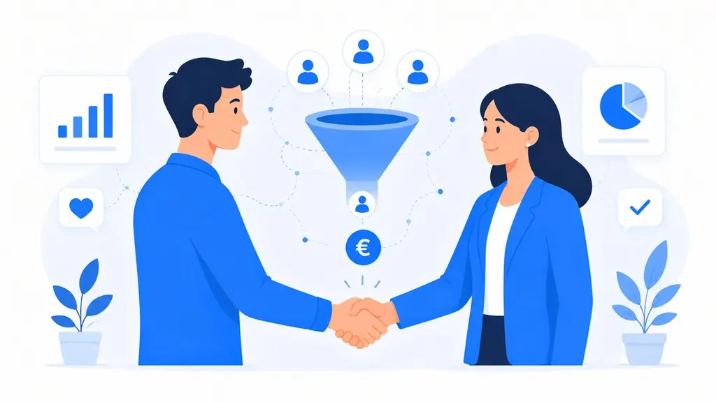 Illustration: Gründerin und Kunde beim Handschlag vor einem Vertriebstrichter mit Euro-Symbol