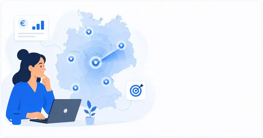 Illustration: Gründerin sucht am Laptop Förderprogramme, daneben Deutschlandkarte mit markierten Bundesländern