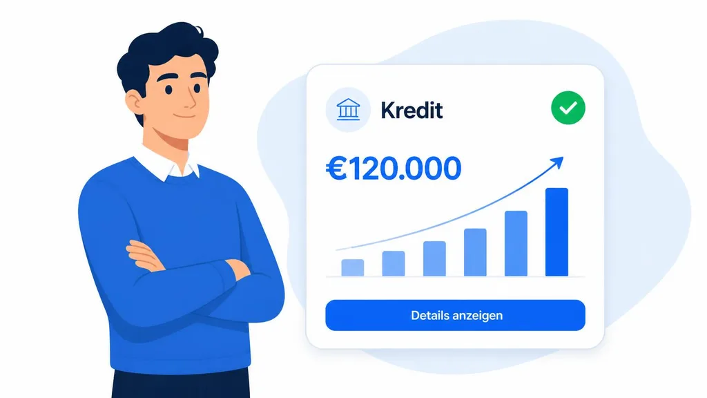 Illustration: Gründer prüft Förderkredit, Laufzeit und Finanzierungsplan am Laptop