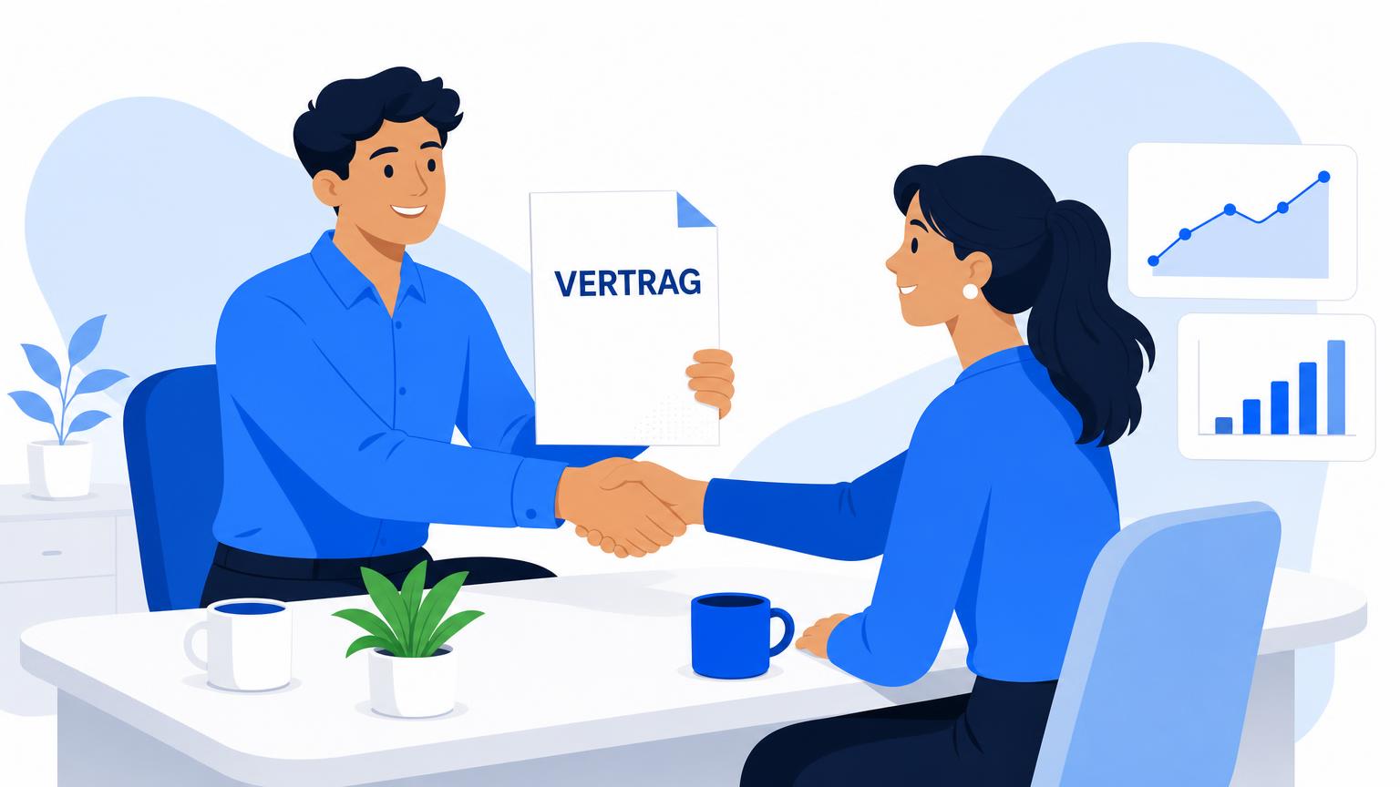 Illustration: Gründerteam am Tisch, ein Gründer übergibt einer neuen Mitarbeiterin den Arbeitsvertrag