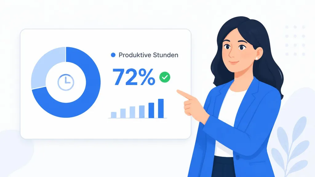 Illustration: Gruenderin zeigt Anteil produktiver Stunden im Handwerksbetrieb