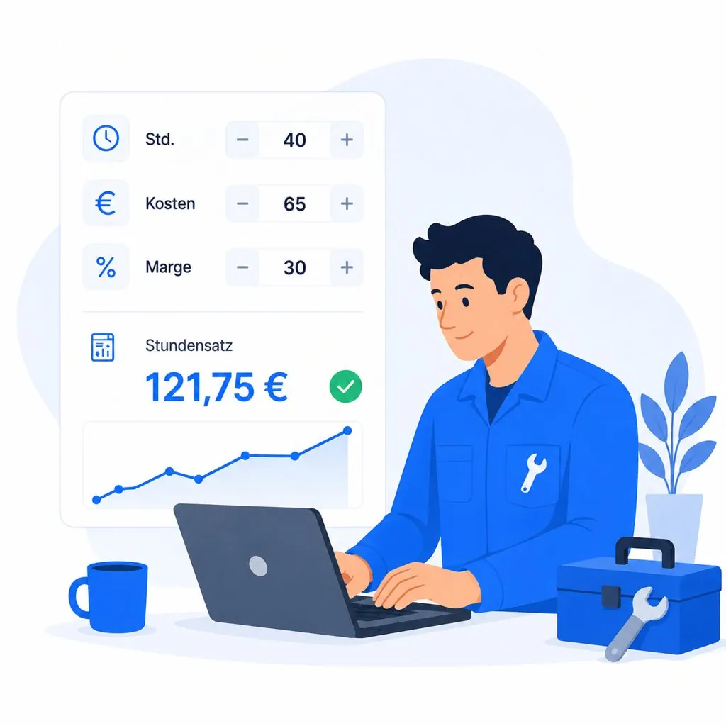 Illustration: Handwerker am Laptop berechnet seinen Stundensatz aus Stunden, Kosten und Marge